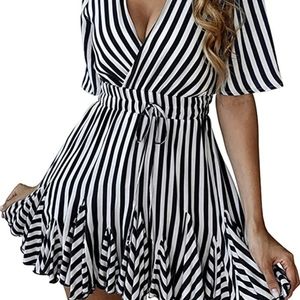 Black and white striped deep v swing dress